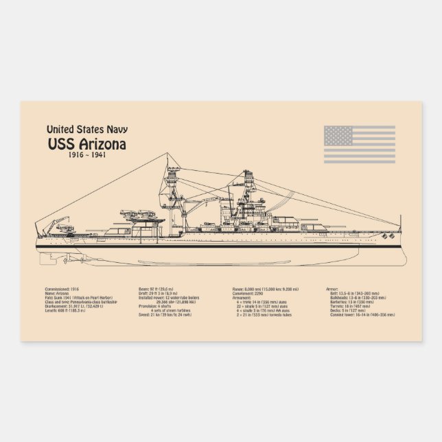 USS Arizona - Schiffs-Blueprint-Pläne SD Rechteckiger Aufkleber (Vorderseite)