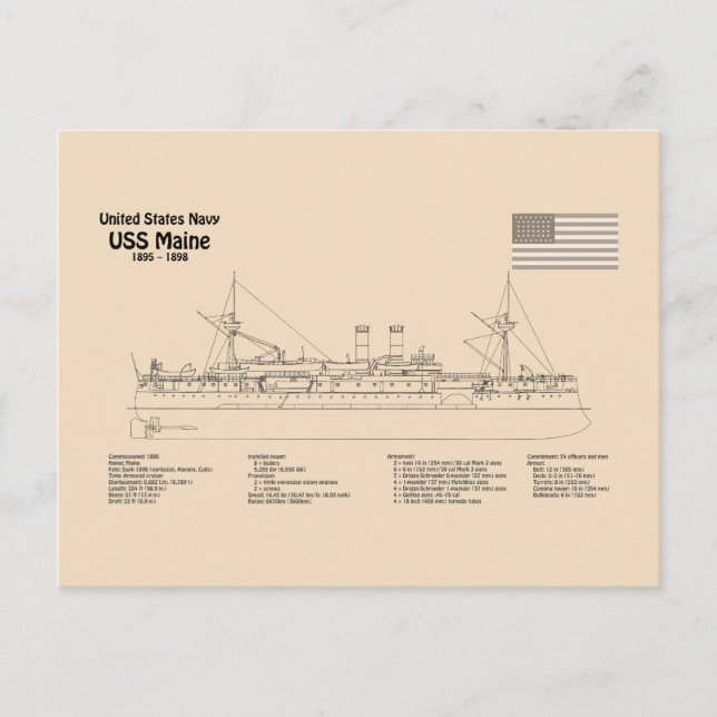 USS Maine - Schiffsplänen SD Postkarte (Vorderseite)