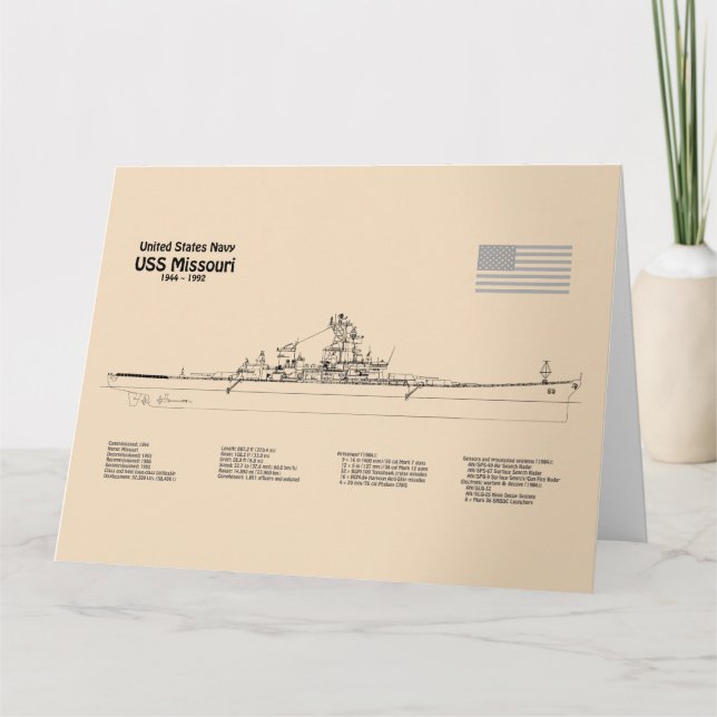 USS Missouri - Schiffs-Blueprint-Pläne SD Dankeskarte (Vorderseite)
