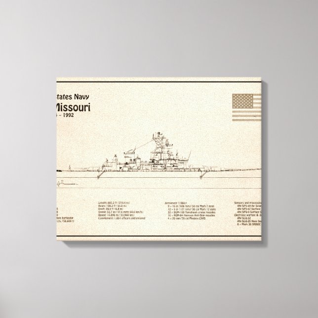 USS Missouri - Schiffs-Blueprint-Pläne SD Leinwanddruck (Vorderseite)