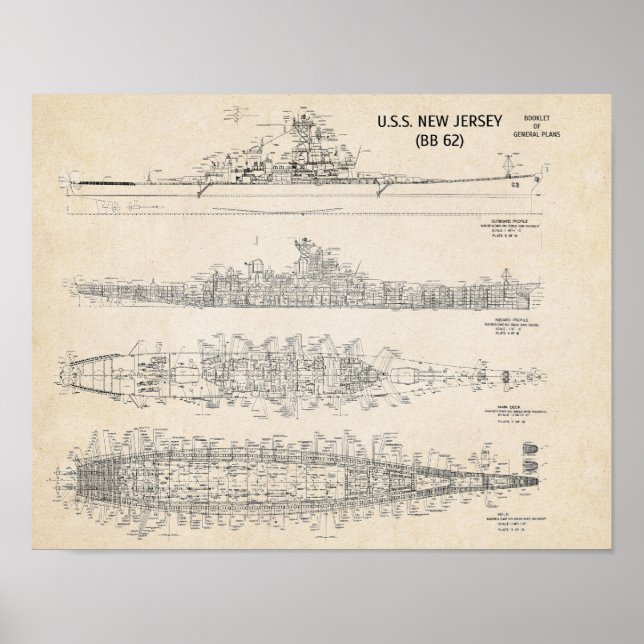 USS NEW JERSEY Blueprint Poster (Vorne)