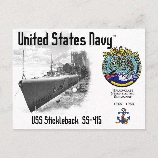 USS STICKLEBACK SS-415 SUBMARINE POSTKARTE (Vorderseite)