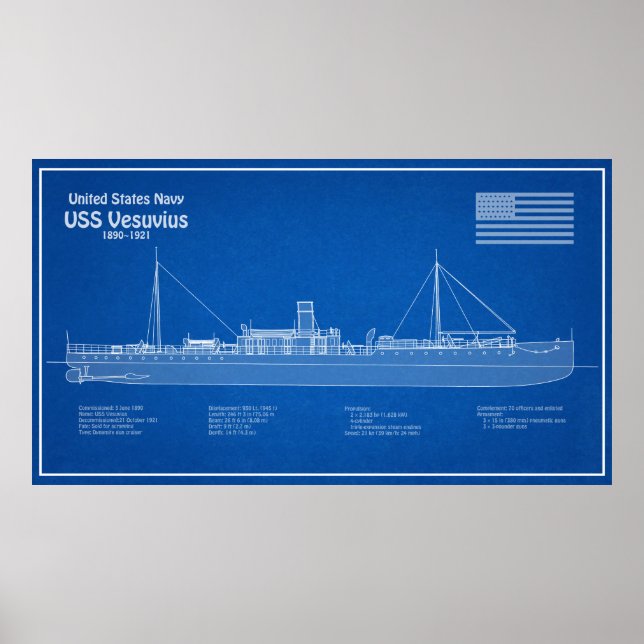 USS Vesuvius - Schiffs-Blueprint-Pläne ABD Poster (Vorne)
