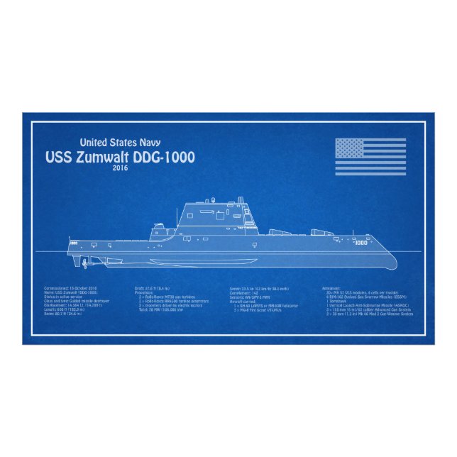 USS Zumwalt - Schiffs-Blueprint Pläne ABD Fotodruck (Vorne)