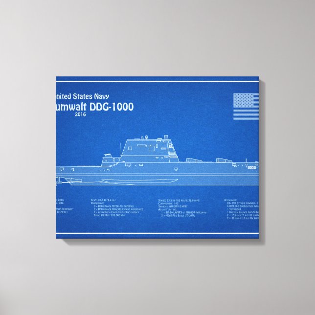 USS Zumwalt - Schiffs-Blueprint Pläne ABD Leinwanddruck (Vorderseite)