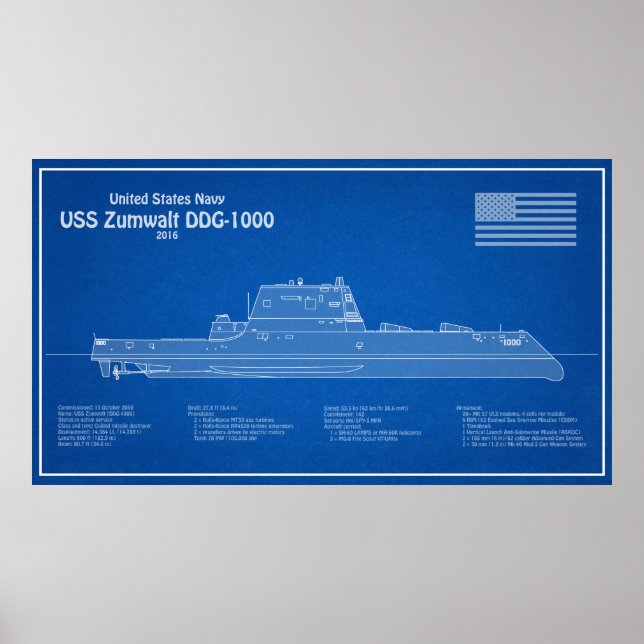 USS Zumwalt - Schiffs-Blueprint Pläne ABD Poster (Vorne)