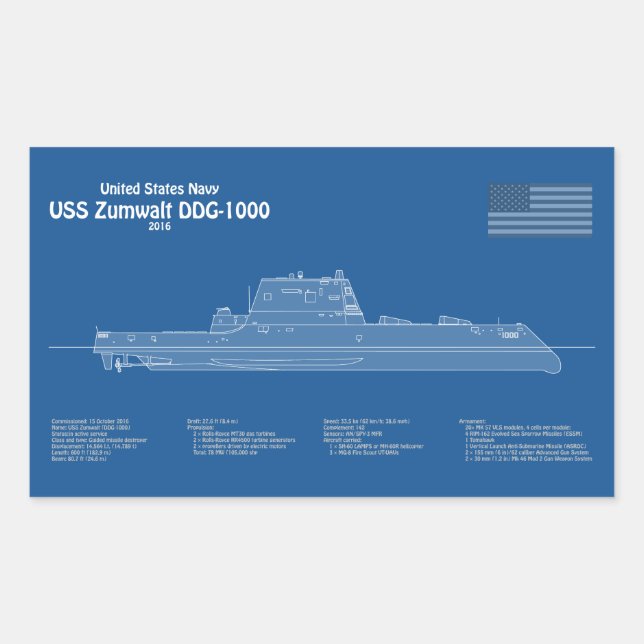 USS Zumwalt - Schiffs-Blueprint Pläne ABD Rechteckiger Aufkleber (Vorderseite)
