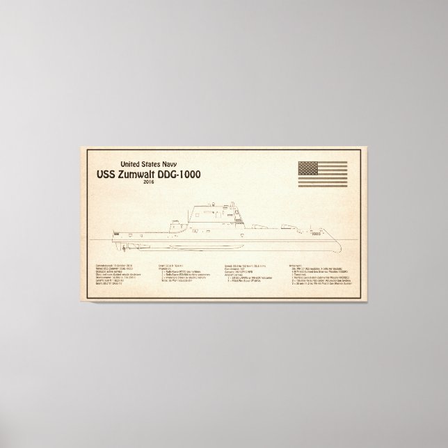 USS Zumwalt - Schiffs-Blueprint Pläne SD Leinwanddruck (Vorderseite)