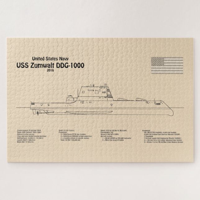 USS Zumwalt - Schiffs-Blueprint Pläne SD Puzzle (Horizontal)