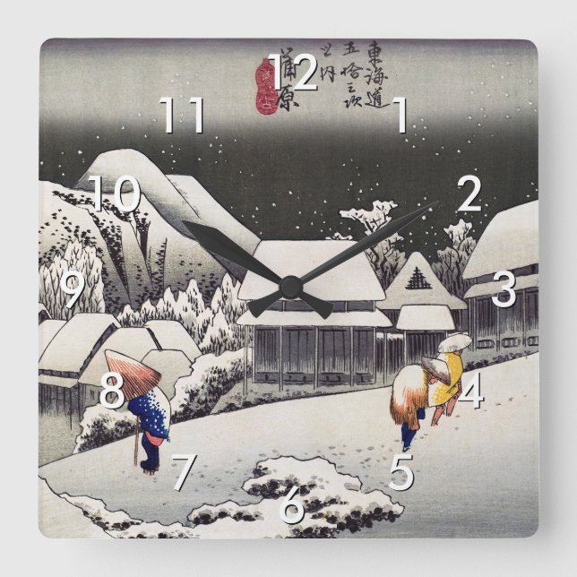 Utagawa Hiroshige - Abend Snow bei Kanbara Quadratische Wanduhr (Vorderseite)