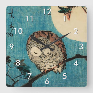Utagawa Hiroshige - Horned Owl on Maple Branch Quadratische Wanduhr