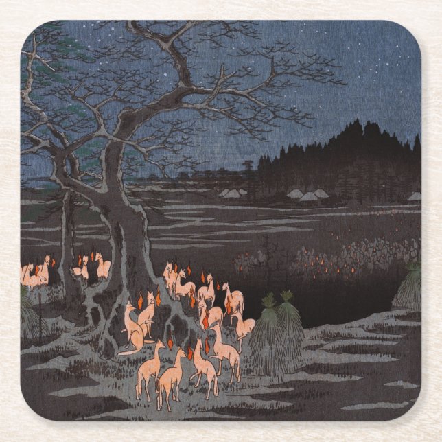 Utagawa Hiroshige - Silvester Foxfire Rechteckiger Pappuntersetzer (Vorderseite)