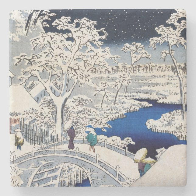 Utagawa Hiroshige - Trommelbrücke bei Meguro Steinuntersetzer (Vorderseite)