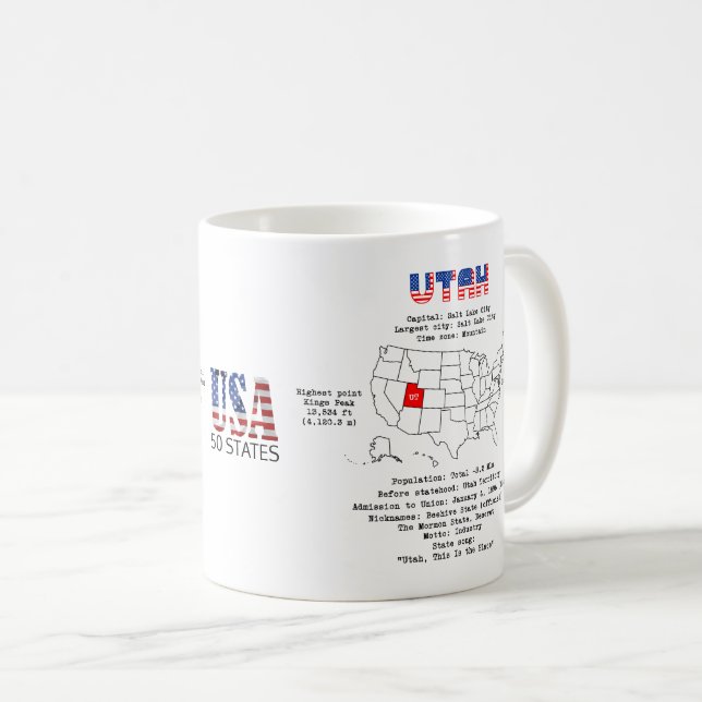 Utah American Staat auf einer Karte und nützliche  Kaffeetasse (VorderseiteRechts)