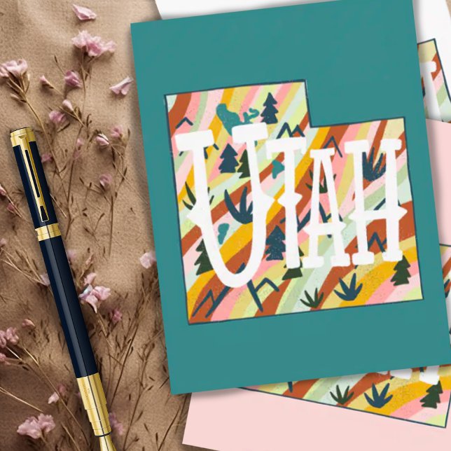 Utah Illustriert Map Postkarte (Cute map of Utah decorates this colorful postcard, choose your favorite shade or add your own color.)