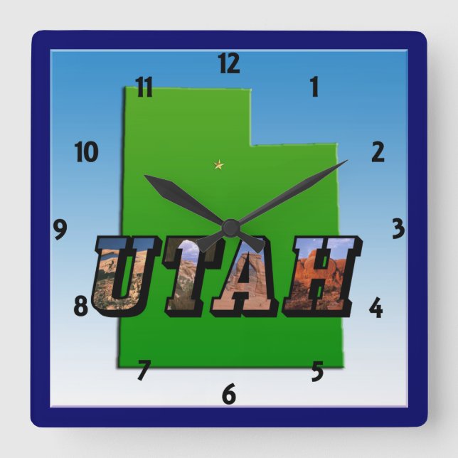Utah Map and Picture Text Clock Quadratische Wanduhr (Vorderseite)