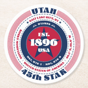 Utah Red White Blue Typografie Runder Pappuntersetzer