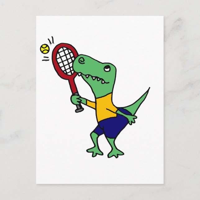 UV - Witziger T-Rex Dinosaurier Tennis Cartoon Postkarte (Vorderseite)