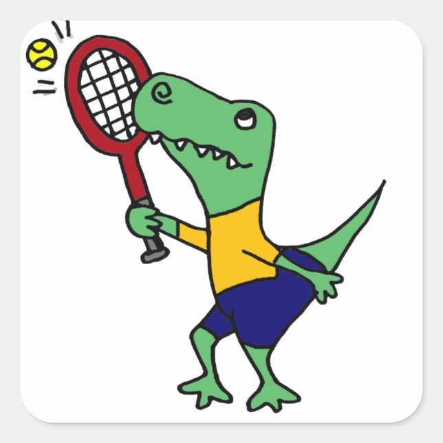 UV - Witziger T-Rex Dinosaurier Tennis Cartoon Quadratischer Aufkleber (Vorderseite)