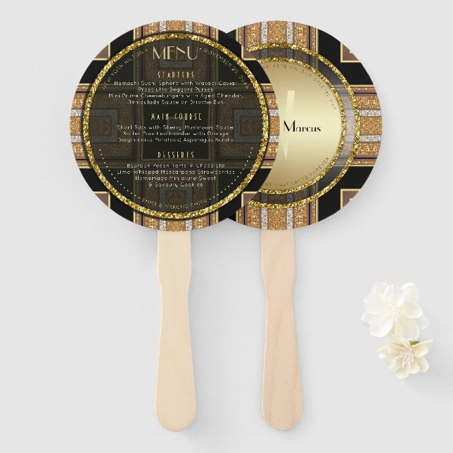 V1 Art Deco Gold Round Wedding Menu Karte Fächer (Vorne und Hinten)