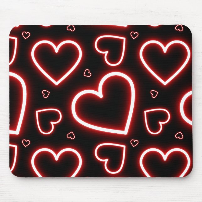 V-Day Red Neon Hearts Mousepad (Vorne)
