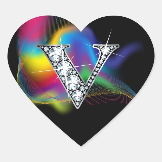 "V" Diamantblende auf Rainbow Swirt Herzsticker Herz-Aufkleber (Vorderseite)