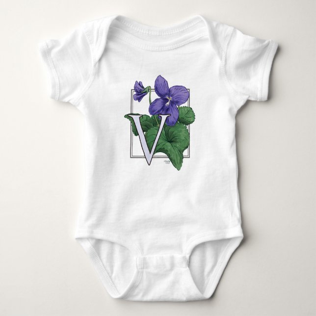 V für Veilchen-Blumen-Monogramm Baby Strampler (Vorderseite)