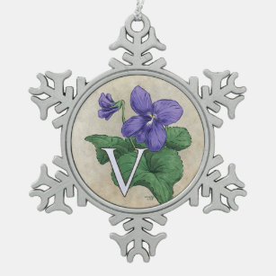 V für Veilchen-Blumen-Monogramm-Grafik Schneeflocken Zinn-Ornament