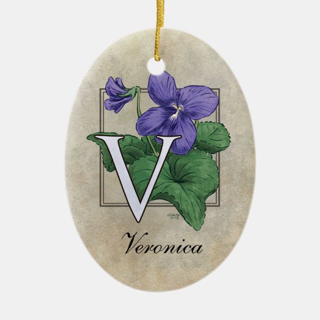 V für Veilchen-Blumen-Monogramm Keramikornament (Vorne)