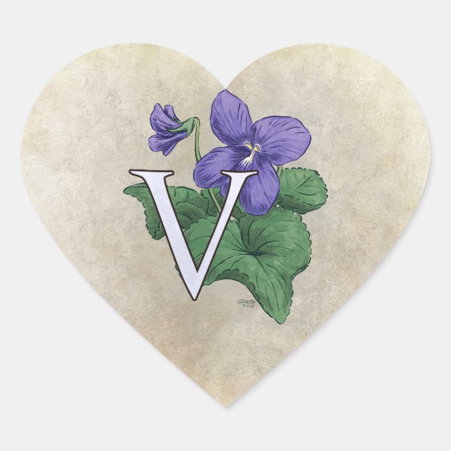 V für Violet-Blume Monogramm Herz-Aufkleber (Vorderseite)
