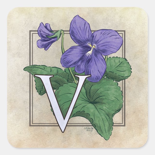 V für Violets Blume Monogramm Quadratischer Aufkleber (Vorderseite)