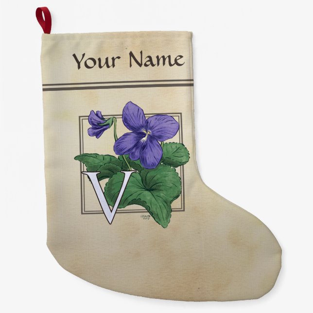 V für violettes Blumen-Alphabet-Monogramm Großer Weihnachtsstrumpf (Vorderseite)