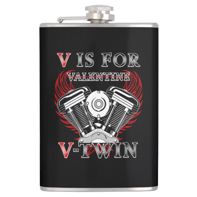 V is for Valentine, V-Twin Motorcycle. Biker Flachmann (Vorderseite)