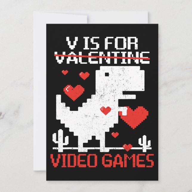 V is for Video Games Funny Dinosaur T Rex Valentin Einladung (Vorderseite)