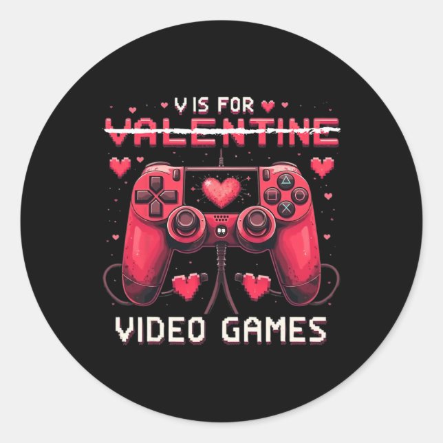 V Is For Video Games Valentine Gamer Valentines Da Runder Aufkleber (Vorderseite)