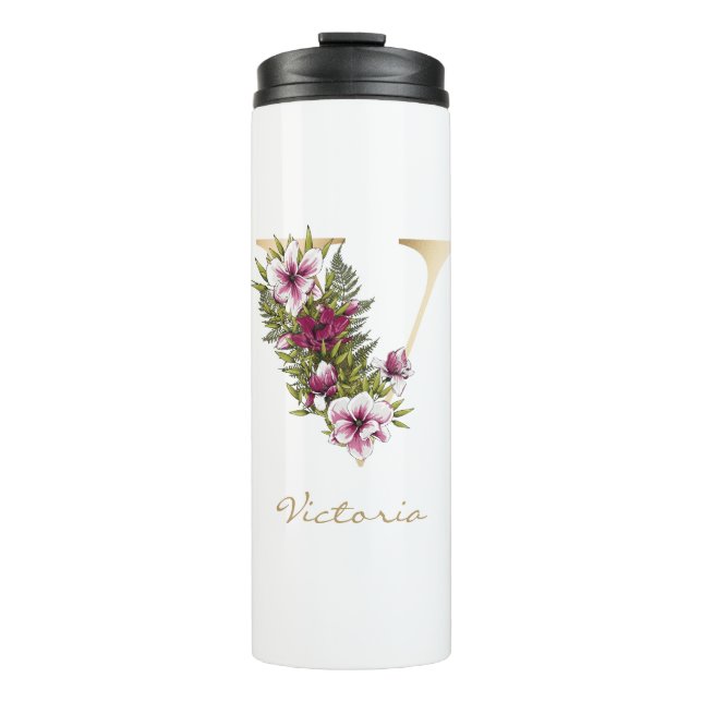 V Letter Gold Monogram Marsala White Florals Thermosbecher (Vorderseite)