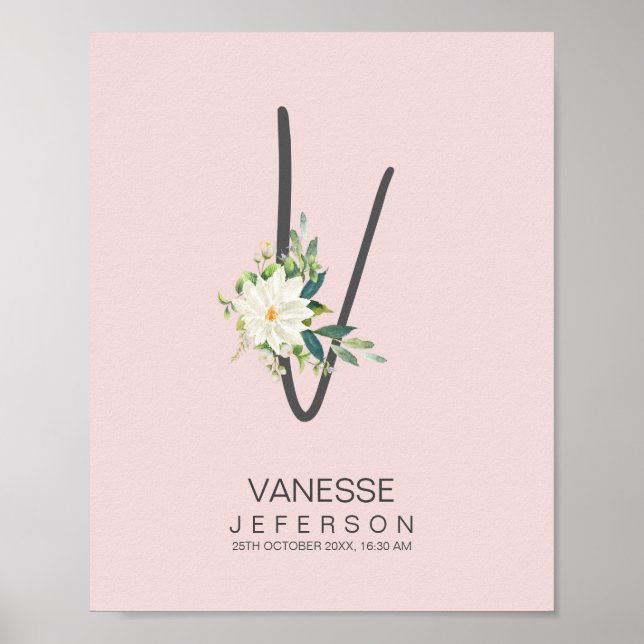 V Letter Monogram Blush Floral Decor Poster (Vorne)