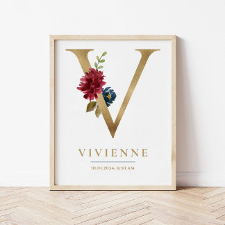 V Letter Monogram Name Marsala Floral Kinderzimmer Poster