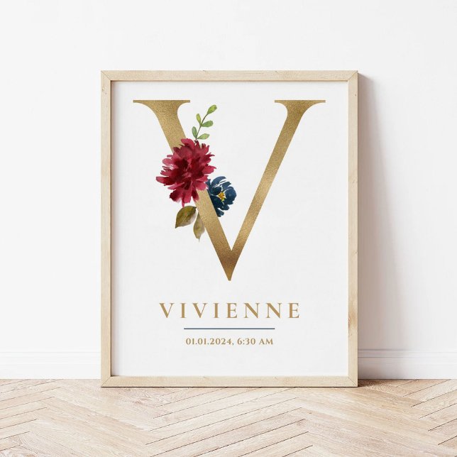 V Letter Monogram Name Marsala Floral Kinderzimmer Poster (Von Creator hochgeladen)