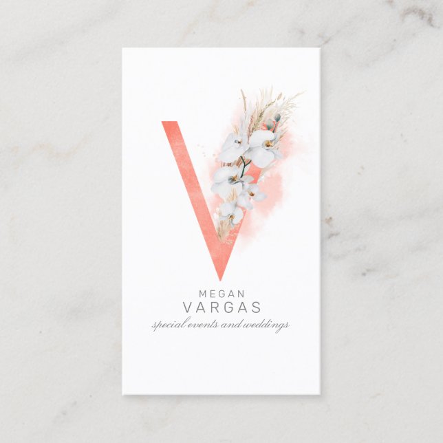 V Letter Monogram White Orchias and Pampas Grass Visitenkarte (Vorderseite)