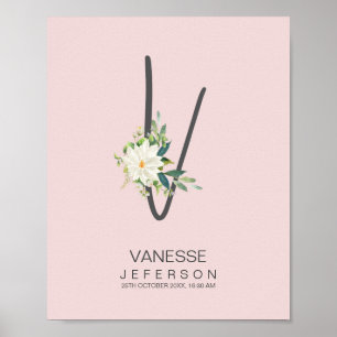 V Letter Monogramm Rosa Florales Dekor Poster