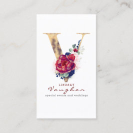 V Monogram Burgundy Gold und Navy Blue Floral Visitenkarte
