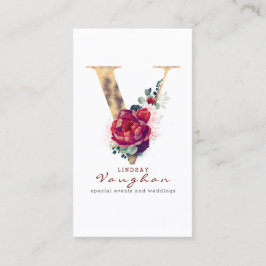 V Monogram Burgundy Red Blume and Gold Glitzer Visitenkarte
