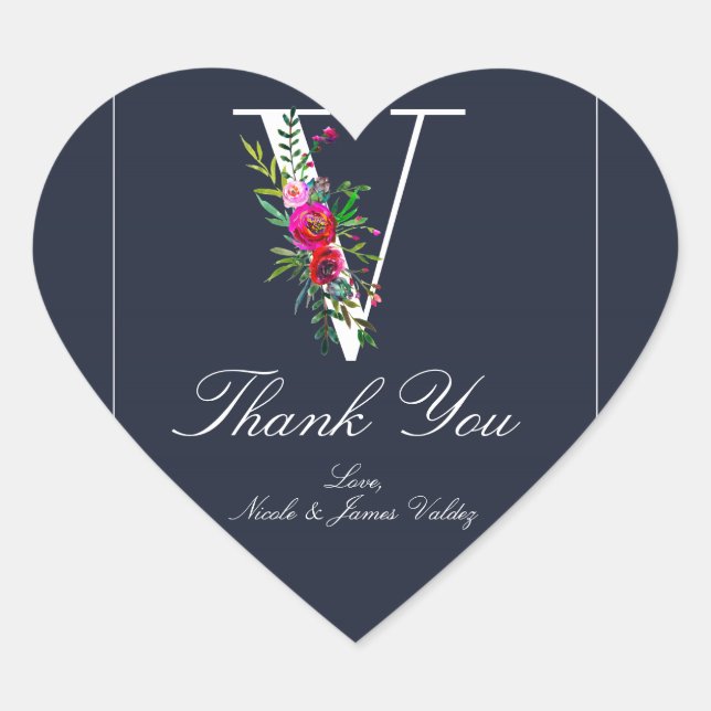 V Monogram Letzte erste Hochzeit mit moderner Blau Herz-Aufkleber (Vorderseite)