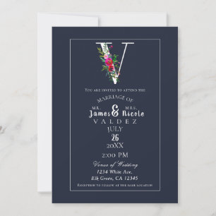 V Monogram Letzter Initial Moderner Blauer Blumenh Einladung
