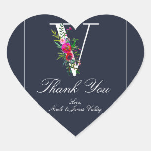 V Monogram Letzter Initial Moderner Blauer Blumenh Herz-Aufkleber