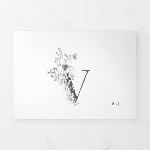 'V' Monogram Schöne gezeichnete Blumenhochzeit Dreifach Gefaltete Einladung