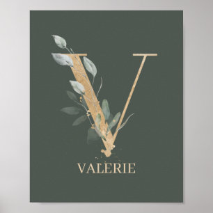 V Monogramm florales Personalisiertes Poster