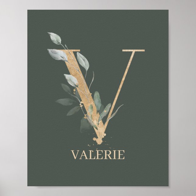 V Monogramm florales Personalisiertes Poster (Vorne)