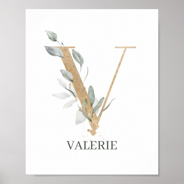 V Monogramm florales Personalisiertes Poster (Vorne)